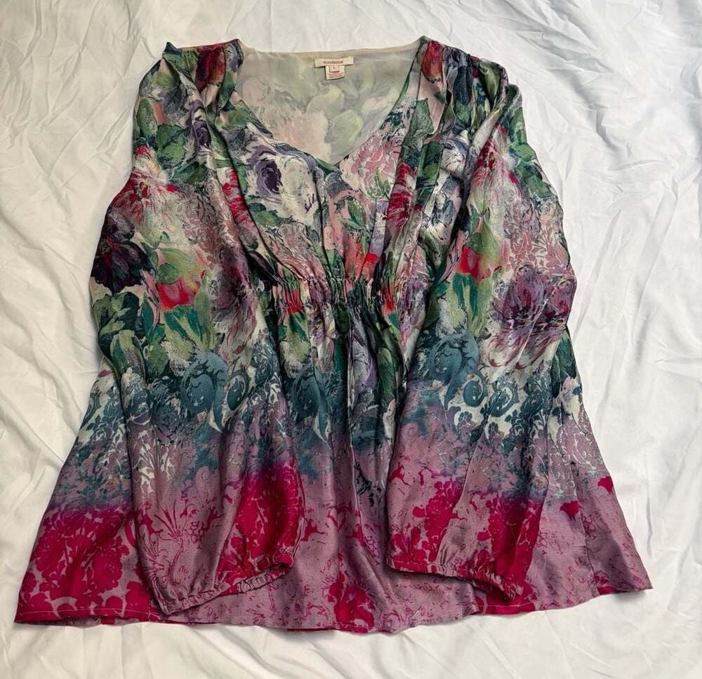 Sundance Sugarplum Garden Floral 100% Silk Ruched Large V-Neck Blouse